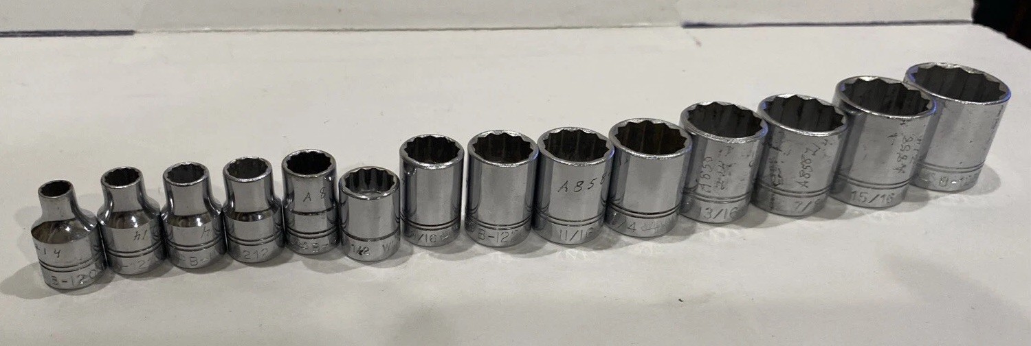 WILLIAMS B Series. 14 Socket Lot 12 Points. 1″ 15/16 7/8 13/16 3/4 11/16 5/8 1/2