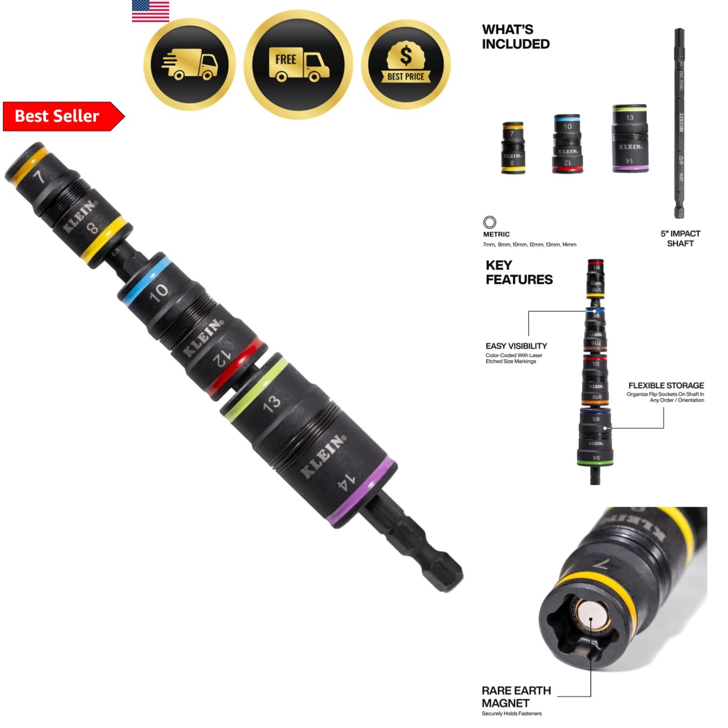 Impact Socket Set 6-in-1 Hex Sizes 7mm to 14mm Impact Rated Flip Sockets