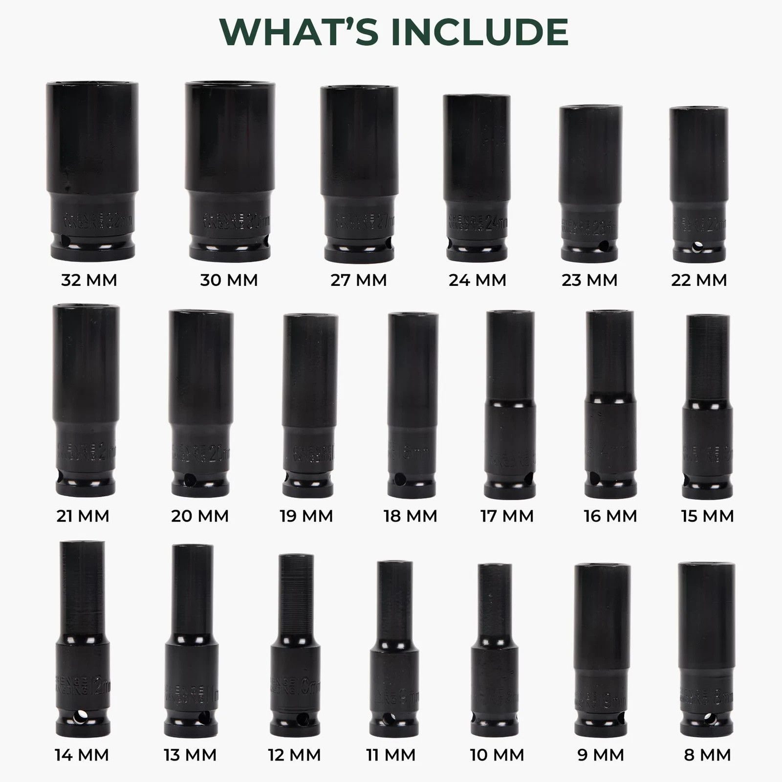 20PCS 1/2»Deep Impact Sockets Set Drive Metric 8mm-32mm Deep 6-Point Set w/case
