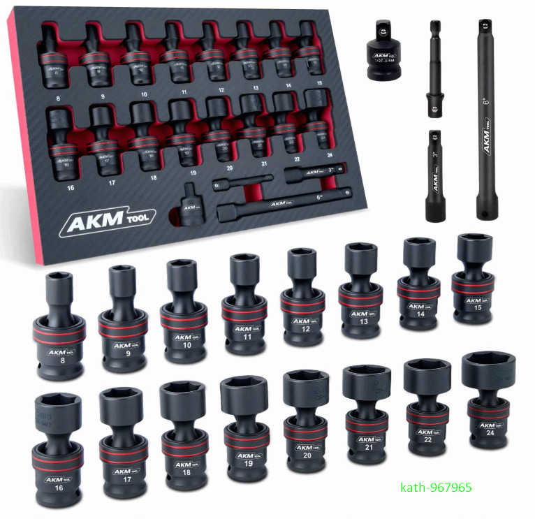 3/8″ Universal Impact Socket Set 20PCS 8-24mm Cr-Mo Swivel Kit