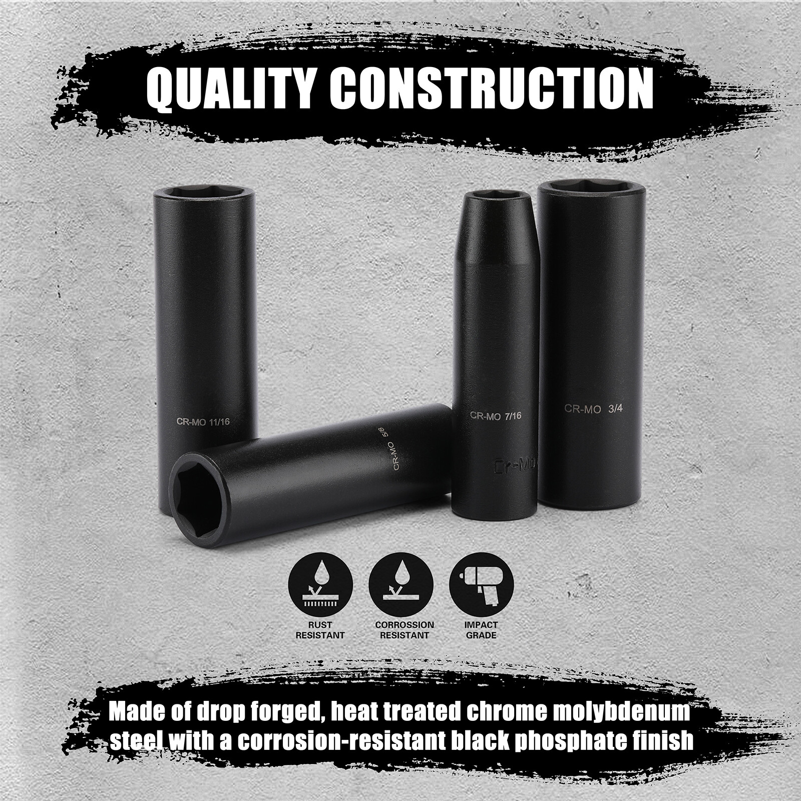 13 PCS 1/2″ Drive Deep Impact Socket Set 7/16″-1-1/4″ CR-MO, SAE, Heavy Duty