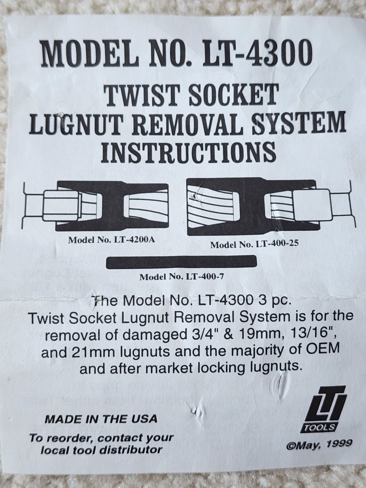 LTI Tools: Lt-4300 Twist socket lugnut removal system