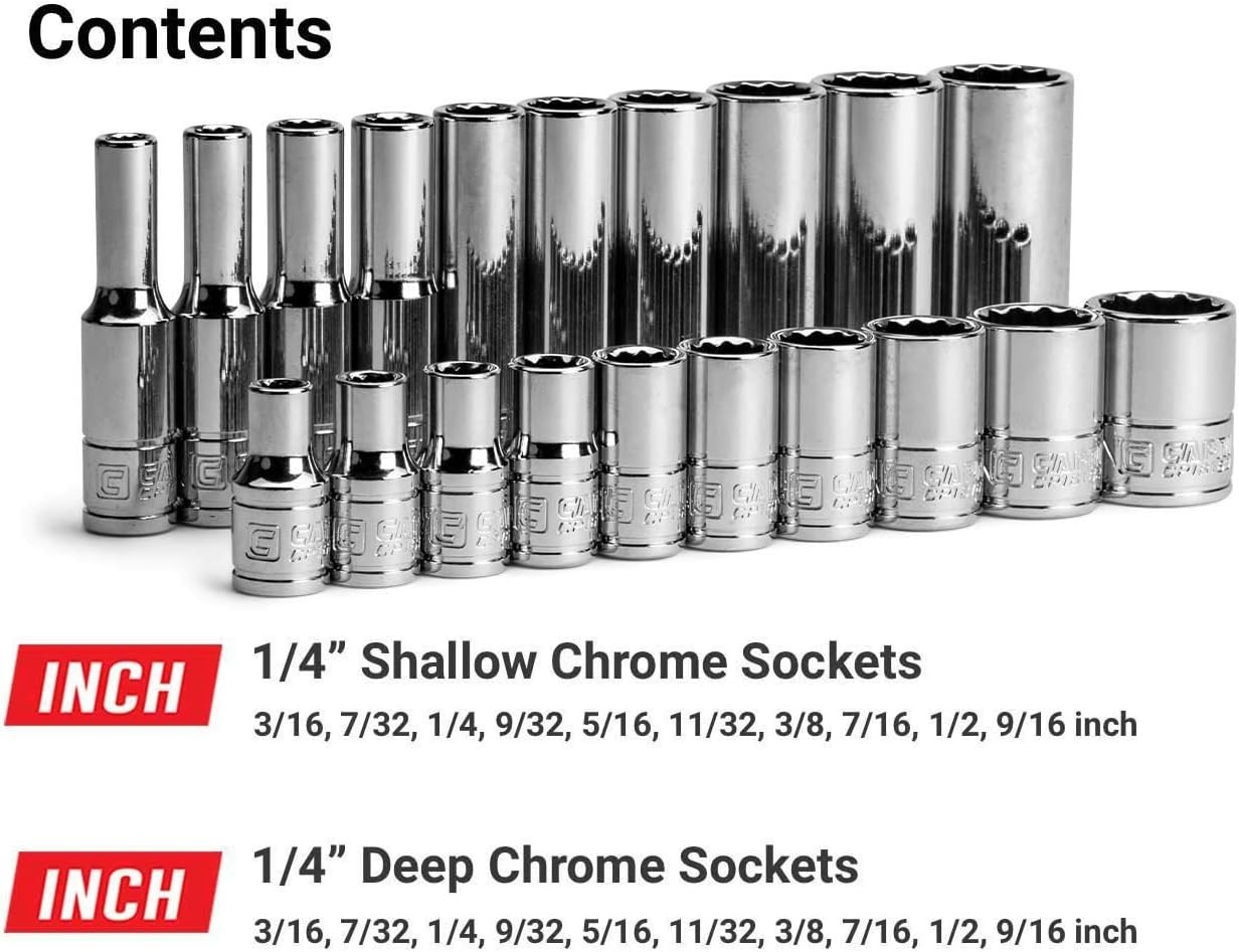 1/4 in. Drive 12-Point Shallow and Deep Socket Set, SAE, 3/16 to 9/16 in, SAE…