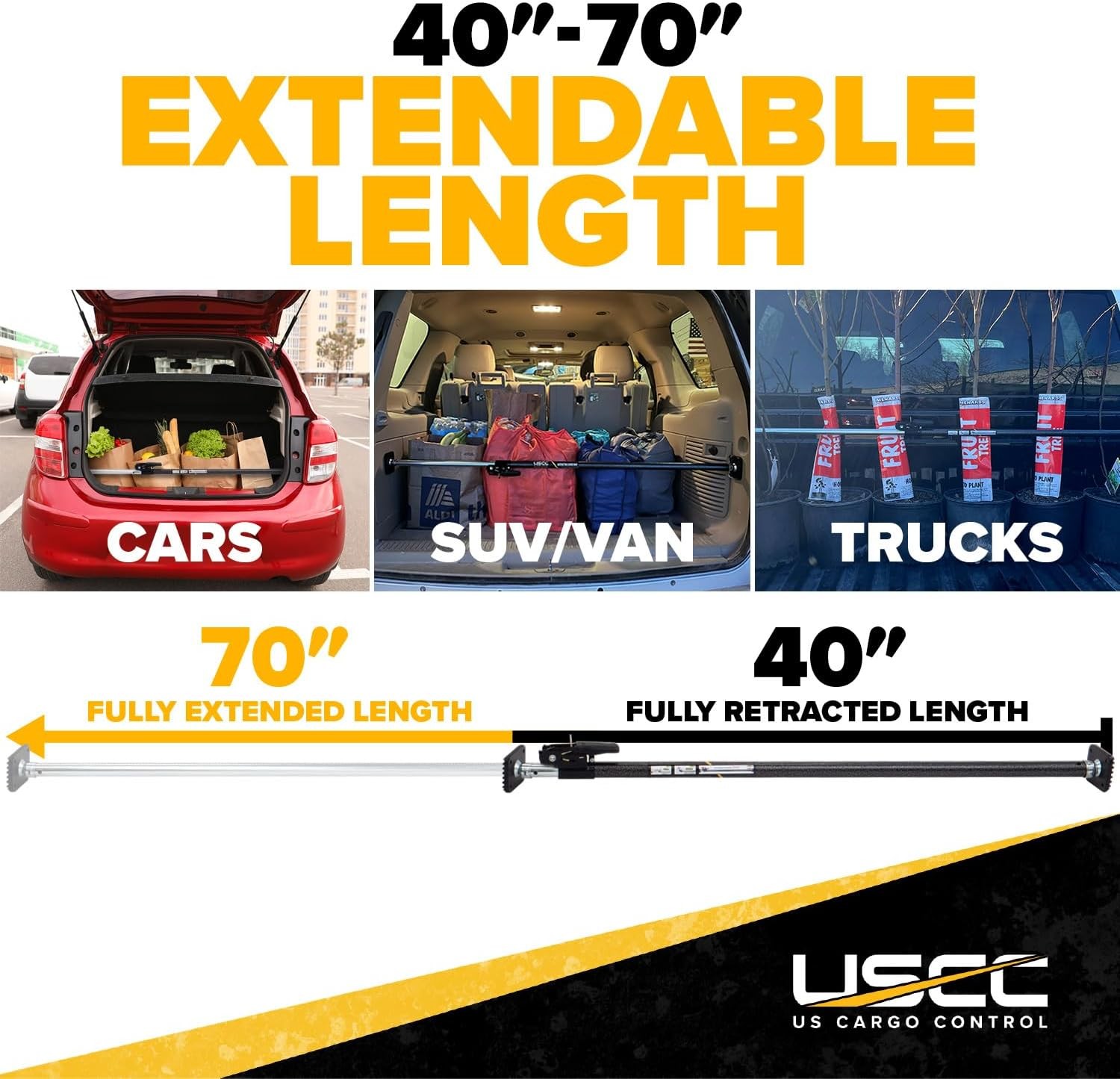 Ratcheting Cargo Bar for Pickup Adjustable 40-70In Alloy Steel Rubber 360-Degree