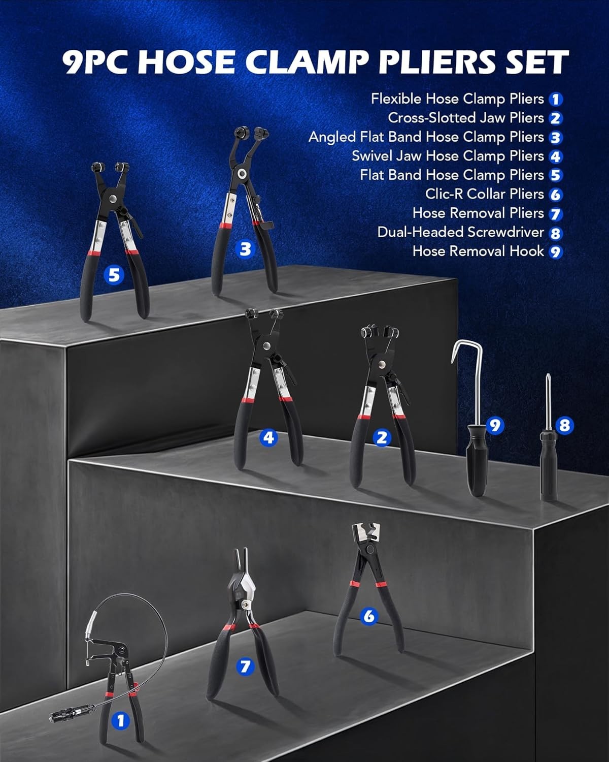 9-Piece Hose Clamp Pliers Set for Automotive Repairs, Alloy Steel, Black