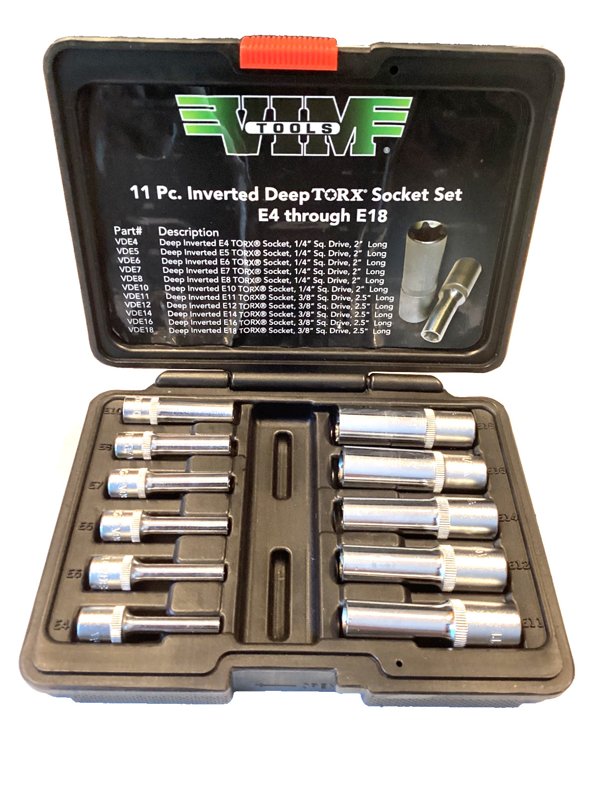 VIM Tools 11Pc Combo Drive Deep Inverted Torx Socket Set Snap Latch Case VDE418