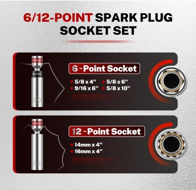 BILITOOLS 7-Piece Magnetic Swivel Spark Plug Socket Set Gap Tool 3/8-Inch Drive