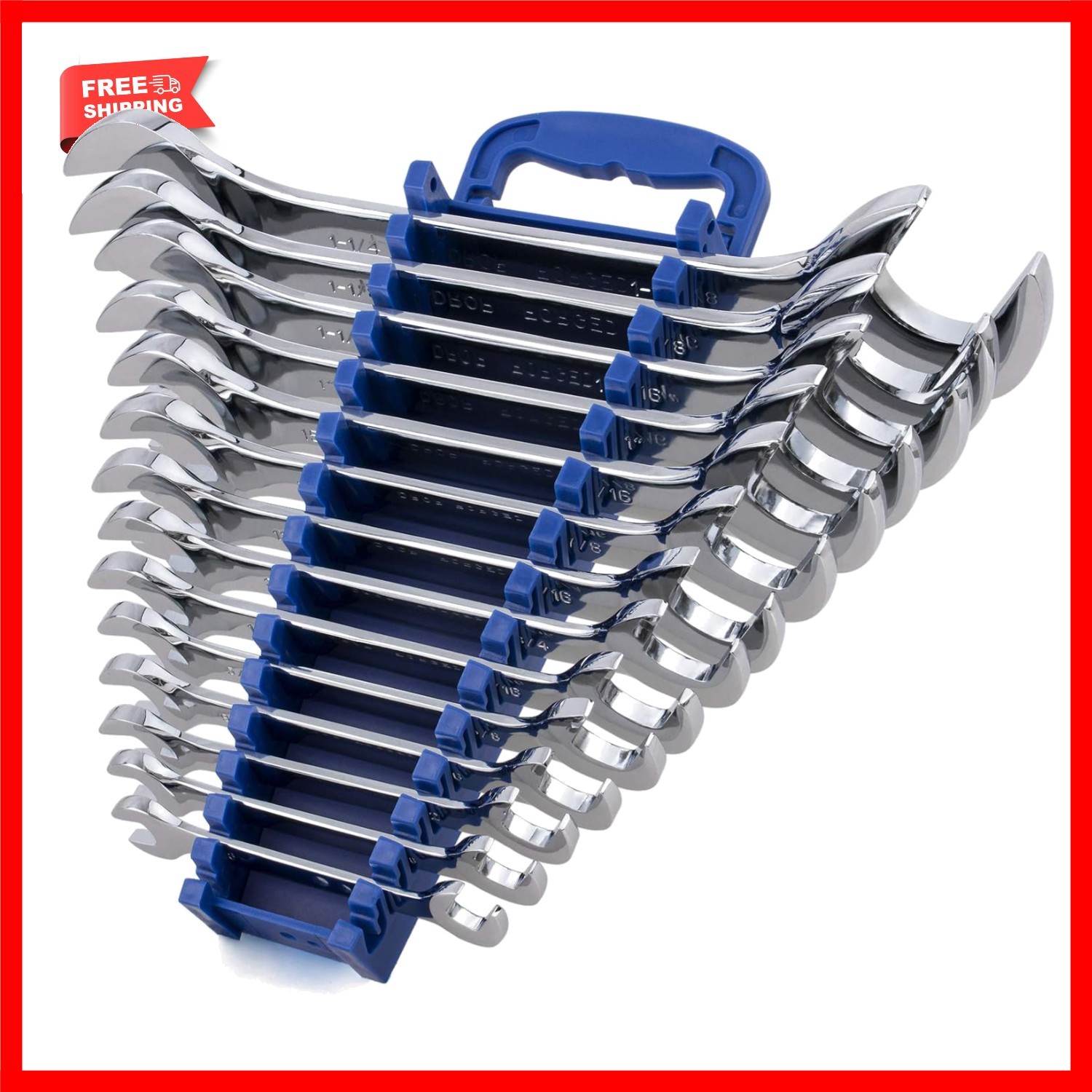 14-Piece Angle Head Open End Wrench Set, Chrome Vanadium Steel, Inch Sizes & Rac