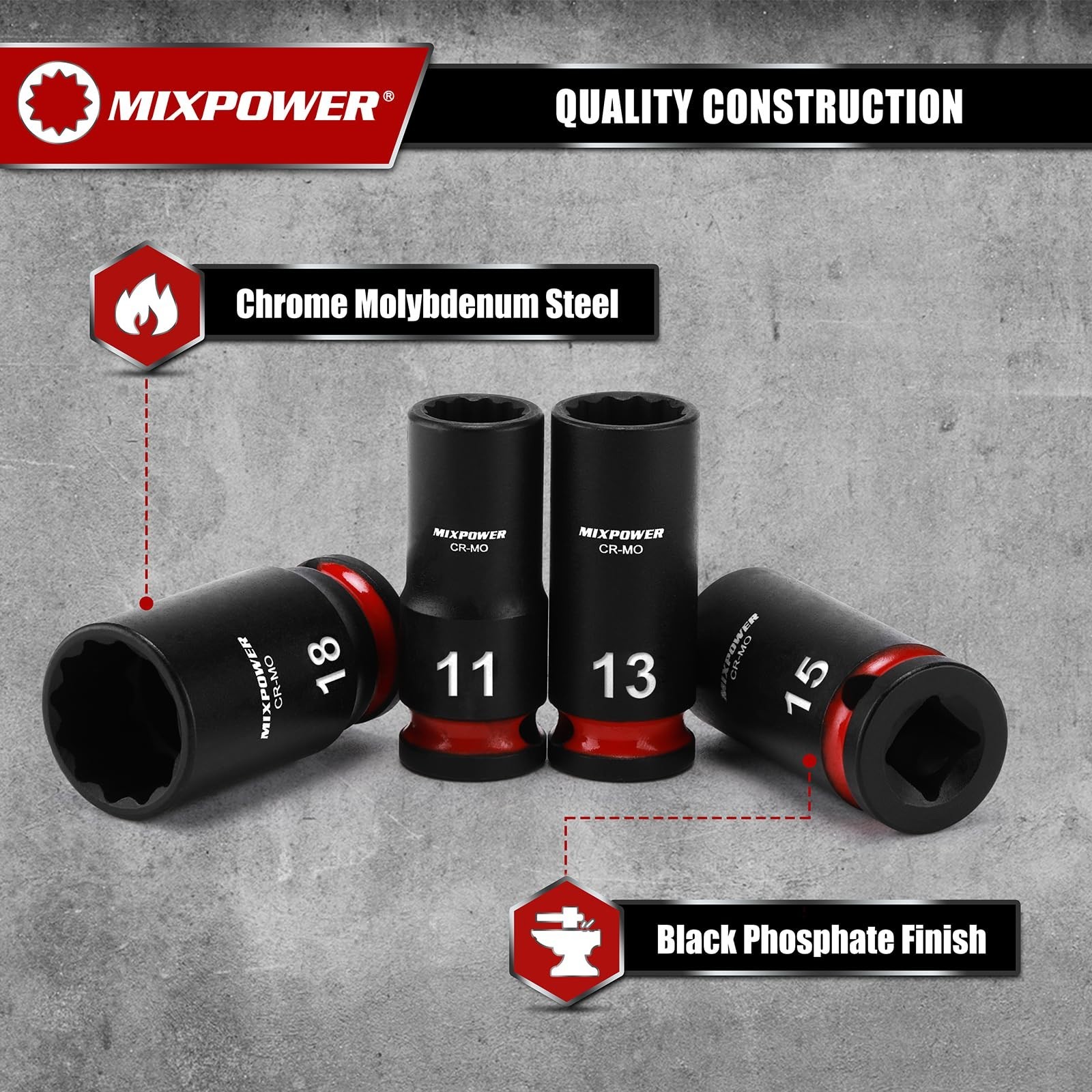 13-Piece 3/8″ Drive Metric Semi-Deep Impact Socket Set 7-19mm, 12 Point, CR-MO