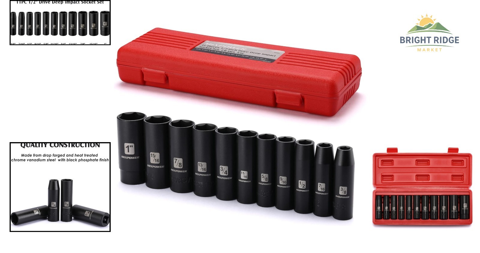 Impact Socket Set, 11 Pieces, 1/2-Inch Drive, Chrome Vanadium with Black Finish