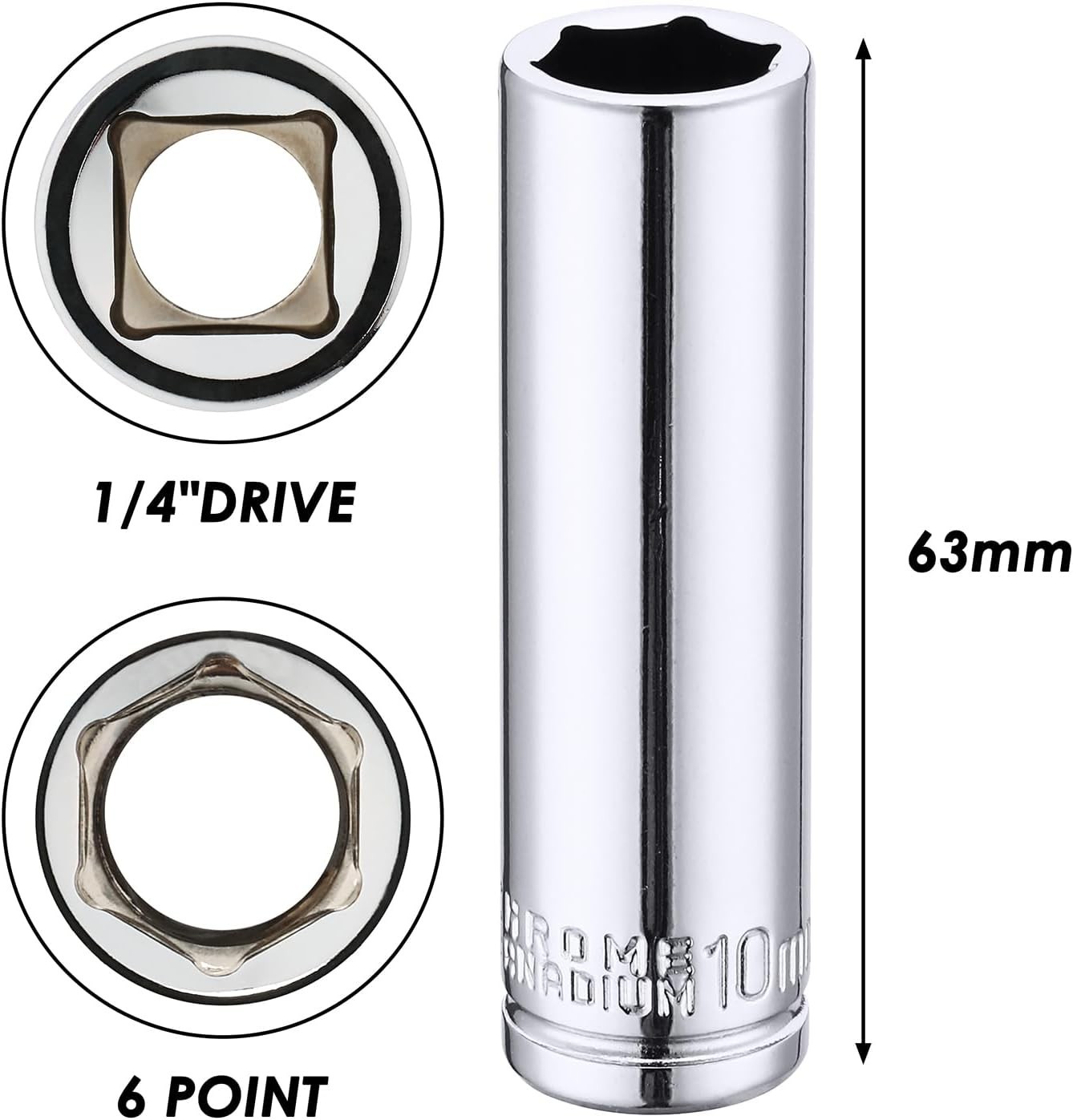 4PCS 1/4″Drive 10mm Deep&Shallow Socket, 6 Point, Cr-V Steel, 10mm