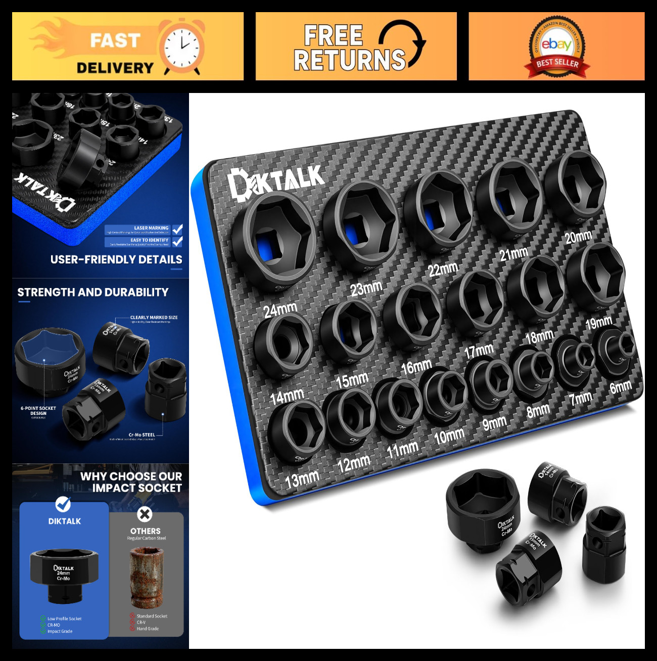 19-Piece Metric Stubby Impact Socket Set, 3/8″ Drive, Low Profile, 6mm-24mm, Cr-