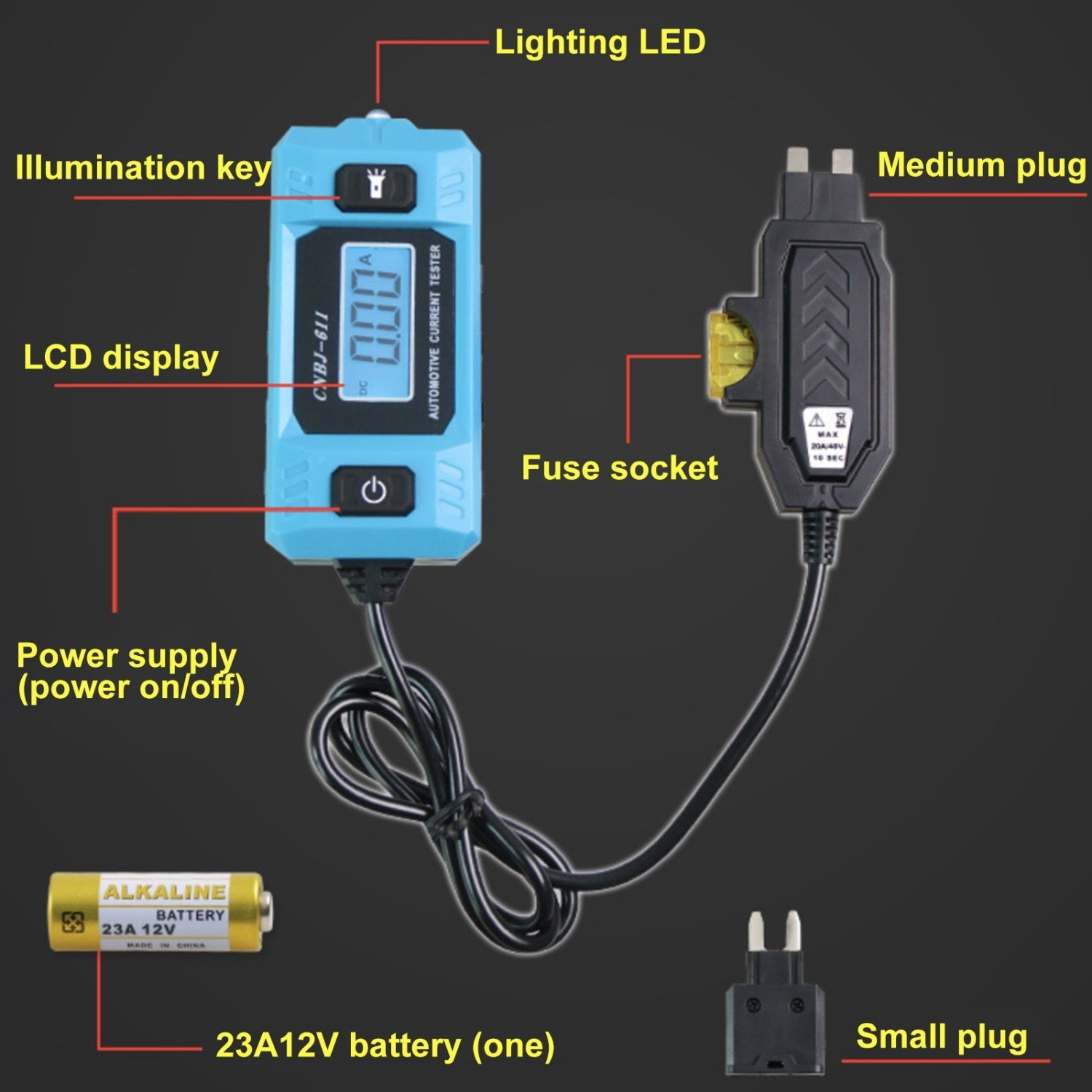 Automotive Circuit Fault Probe Tester, 20A 48V Parasitic Draw Tester for Car