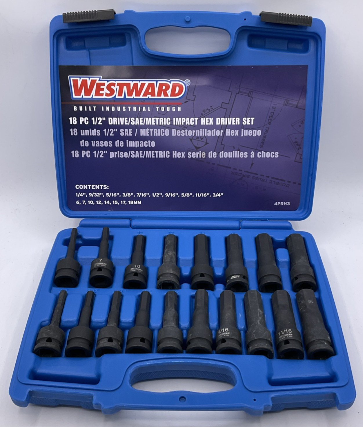 Westward 4PRH3 18 Piece 1/2″ Drive SAE Metric Impact Hex Driver Set