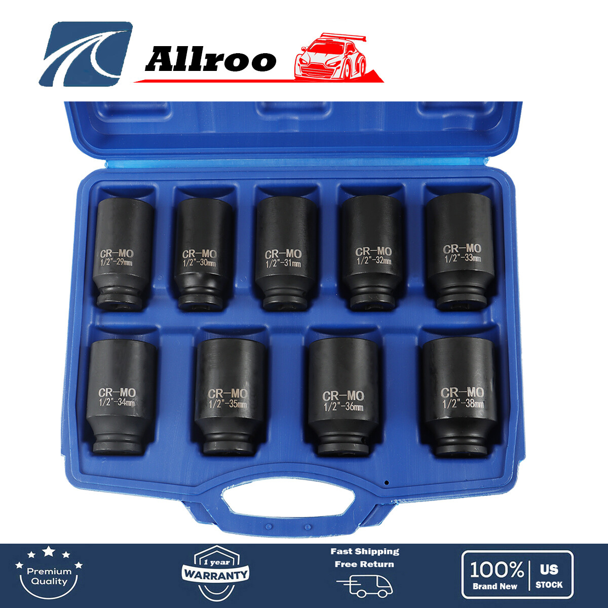 9pcs 29-38mm Deep Impact Socket Tool Kit 1/2″ Drive Metric Axle Hub Nut Socket