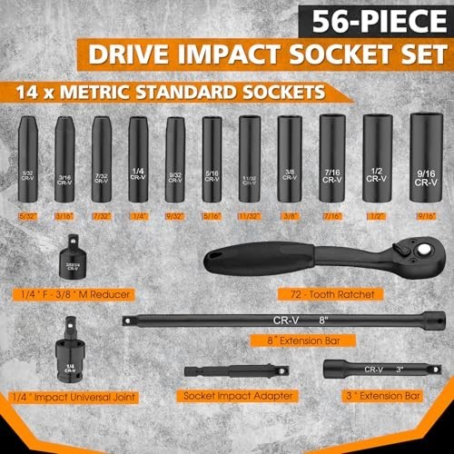 56-Piece 1/4″ Drive Impact Socket Set – SAE & Metric, 6-Point, CR-V, Ratchet & C