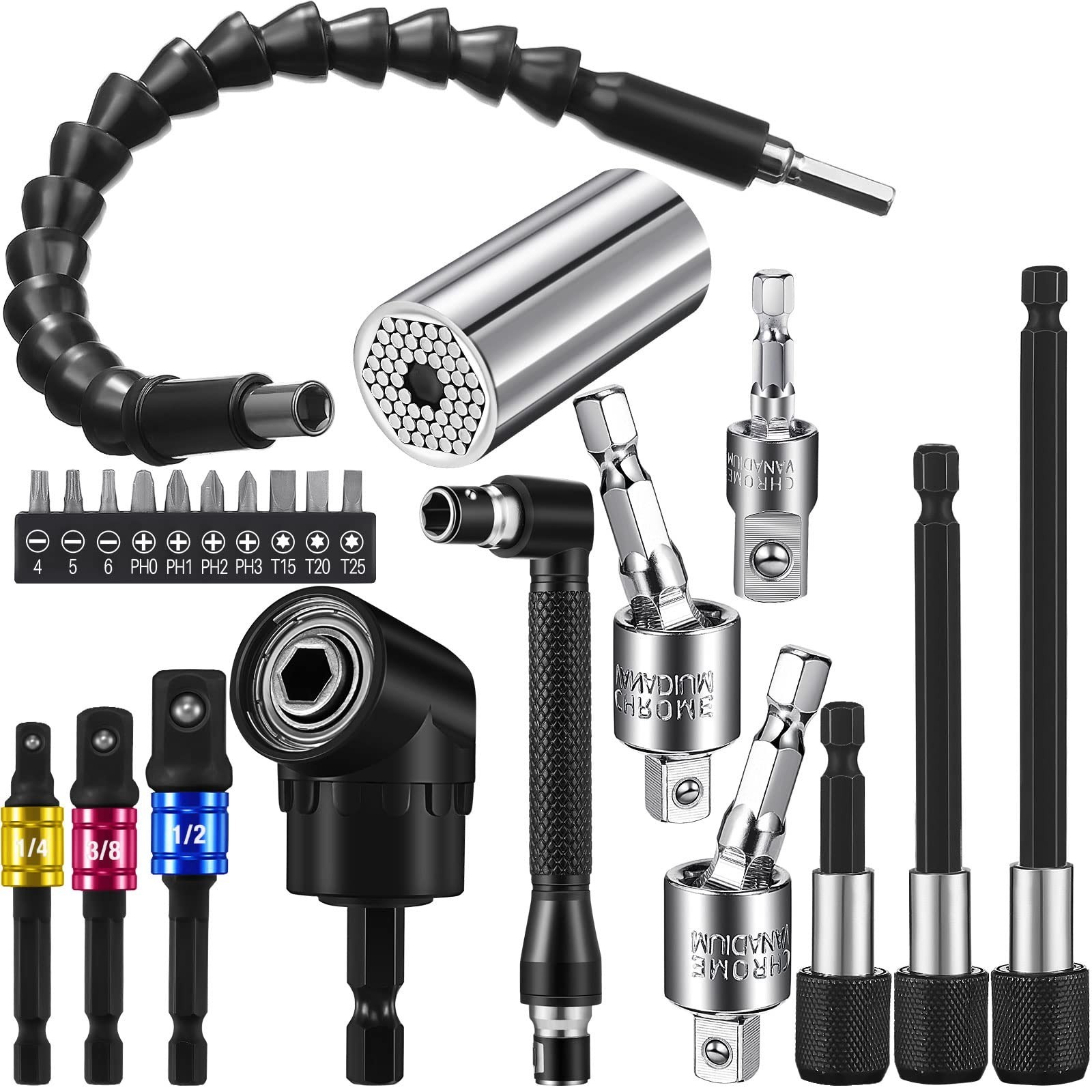 Set Adaptador Taladro 23 Pzs Extension Flexible 105 Grados Dado Hexagonal Puntas