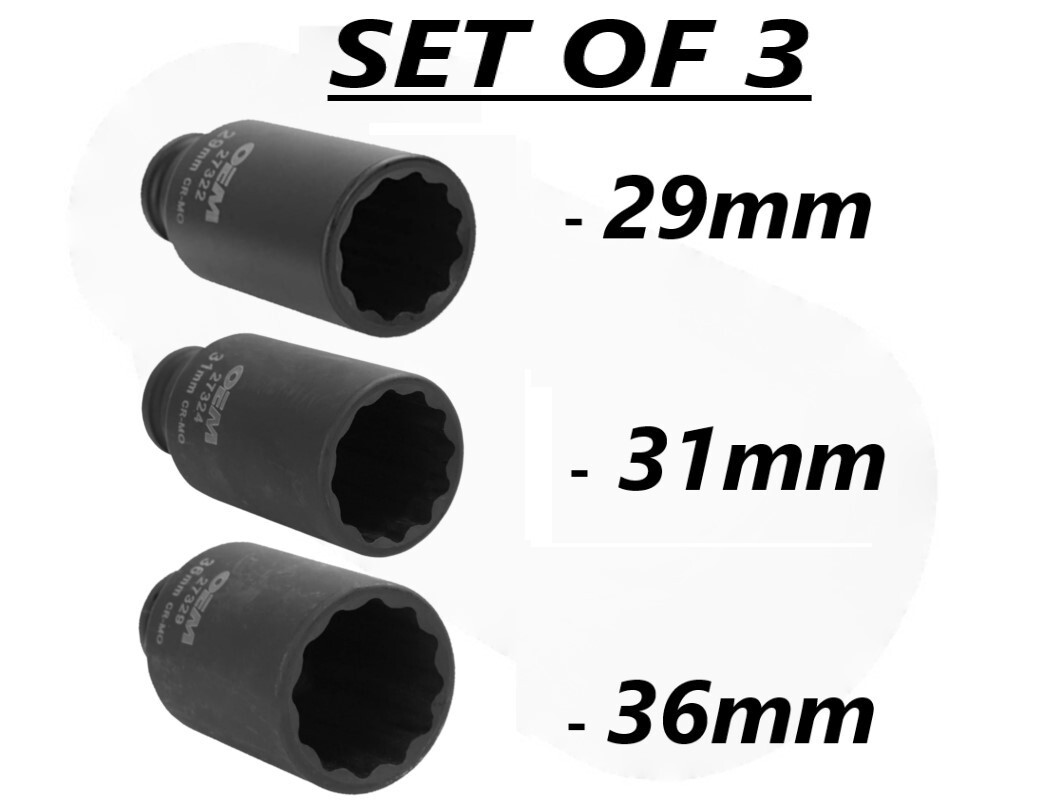 SOCKET AXLE (3pc SET) 1/2″dr 12pt Drive Deep Spindle Nut 29mm, 31mm, 36mm