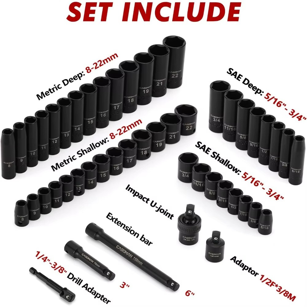 49 Piece 38 Drive SAE Metric 6 Point CrV Steel Impact Socket Set 8 22mm