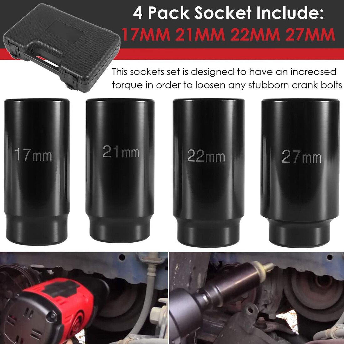 1/2″ Drive Deep Impact Socket Set 17mm 21mm 22mm 27mm Crank Bolt Socket Set 4pcs