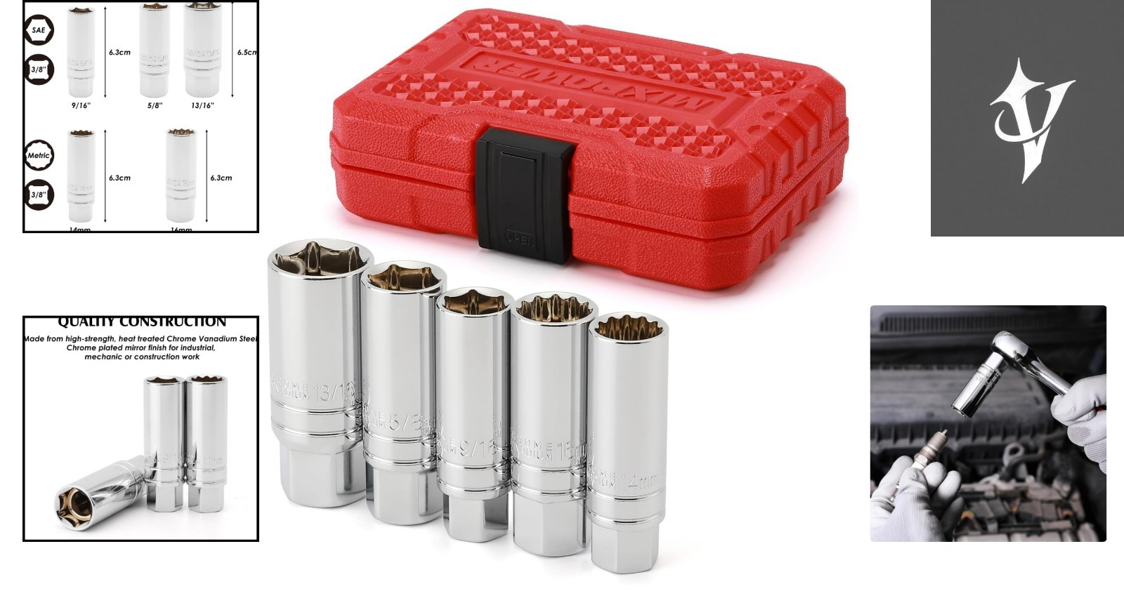 5PCS Magnetic Socket Set – 3/8″ Drive for 5/8″, 3/4″, 14mm, 16mm