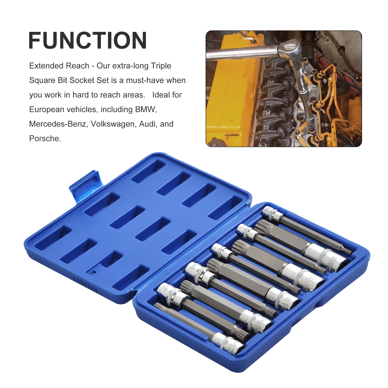 XZN Triple Square Long Spline Socket Bit Set 1/4″ 3/8″ 1/2″ Tamper Proof 10pc