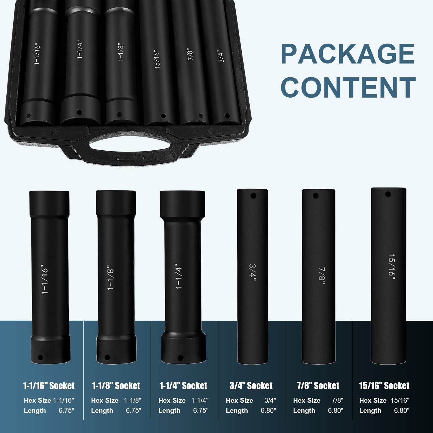 1/2 Inch Drive Extended Length Impact Socket Set 6 Piece With Storage Case