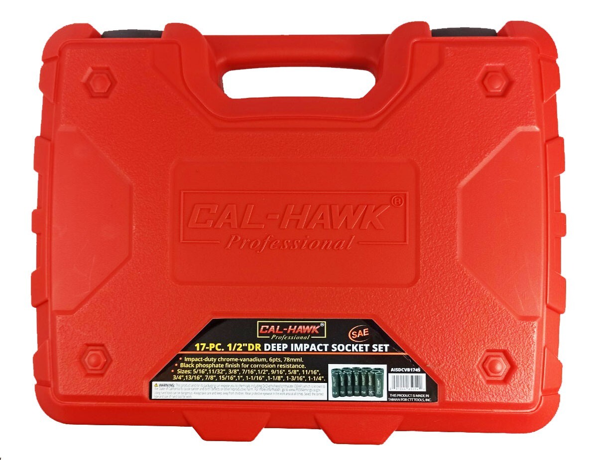 17PC CAL HAWK 1/2″ Dr. 6 POINT SAE Deep Impact Sockets Chrome Vanadium CRV Set