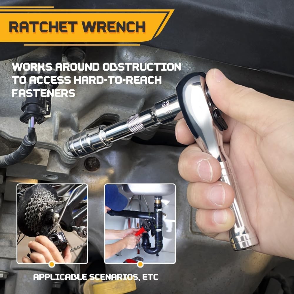 Stubby Ratchet Set- 3/8″ Drive Handle with a Extension Bars, Silver