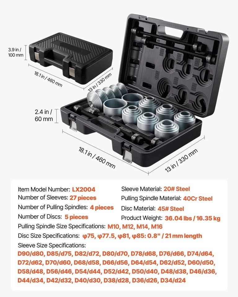 Pull and Press Sleeve Kit Bush Bearing Removal Insertion Tool Set 36 PCS