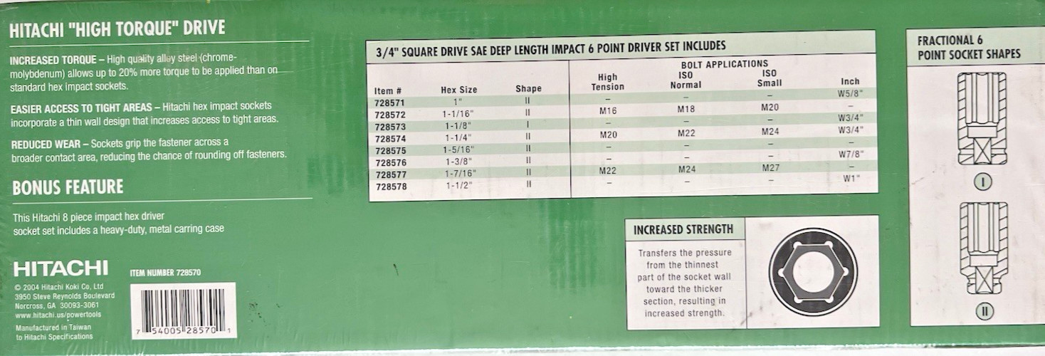 Hitachi 3/4″ 8-Piece Sae Deep Impact Hex Driver Square Drive Set Taiwan Case