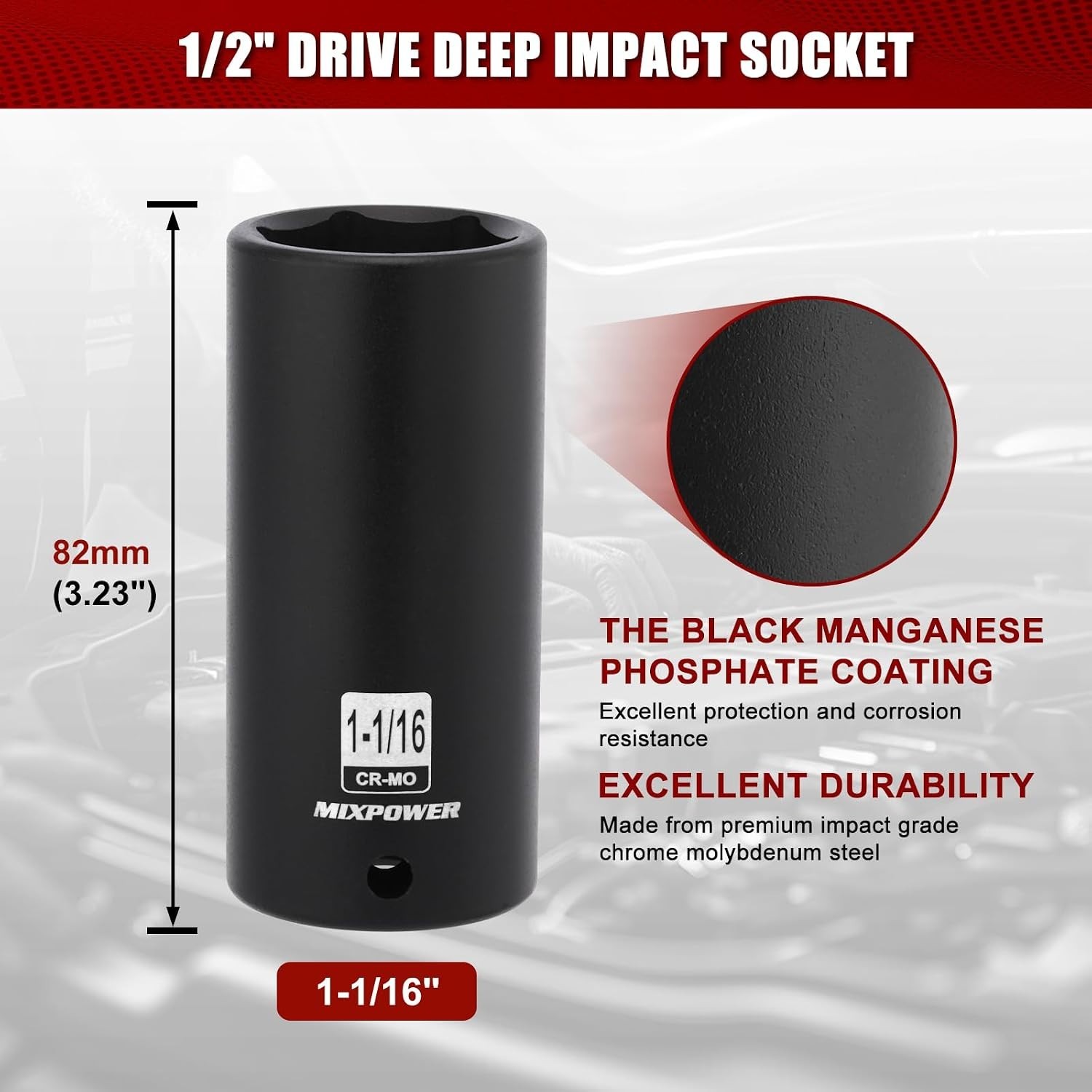 1/2″ Drive Deep Impact Socket, CR-MO, 1-1/16″, 6 Point, Radius Corner Design,…
