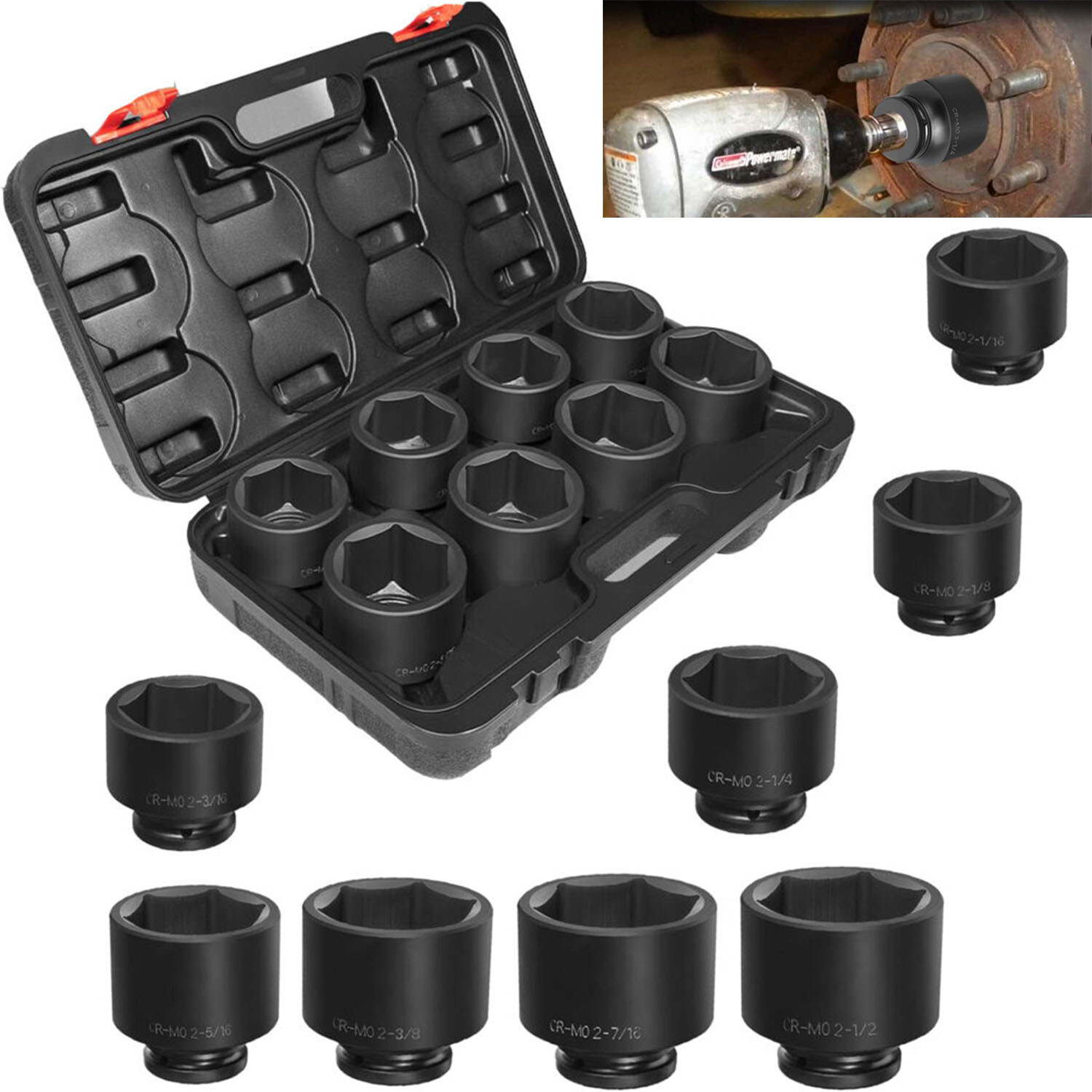 8PCS 2-1/16″ to 2-1/2″ Axle Nut Impact Large Sockets 3/4″ Drive Spindle 6-Point