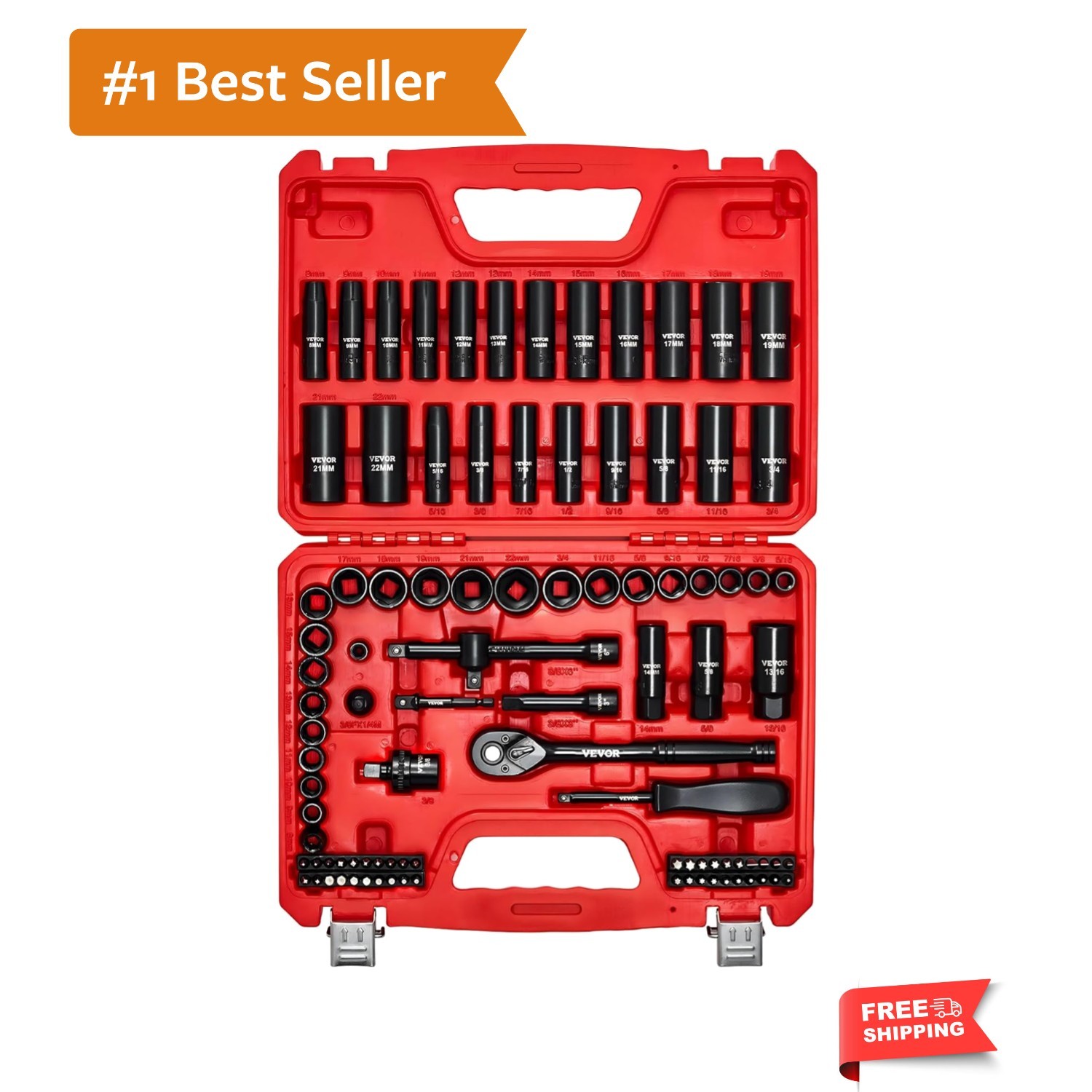 96 Piece 3/8″ Drive Impact Socket Wrench and Bit Set, SAE 5/16″ to 3/4″ & Met…