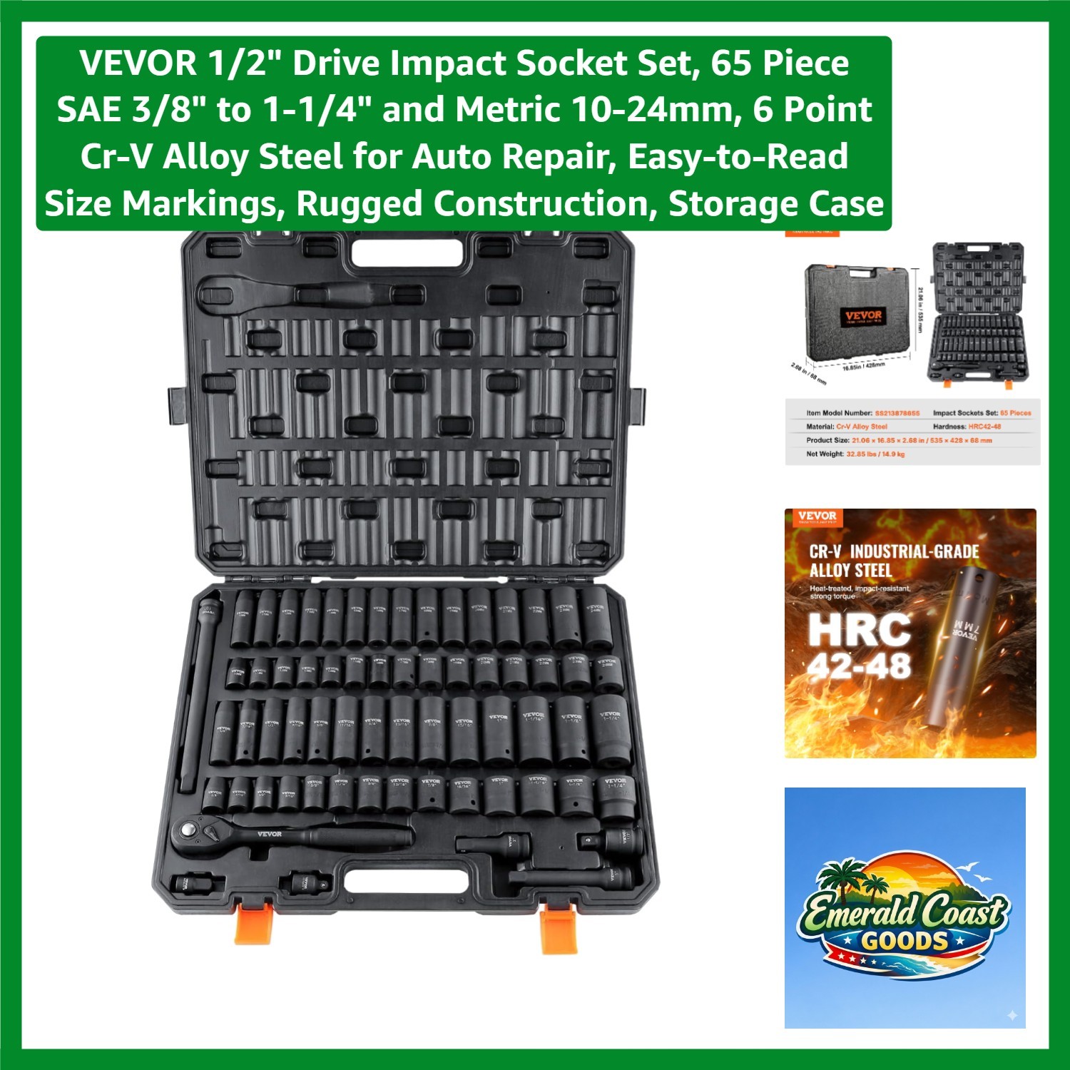 Rugged 1/2″ Drive Impact Socket Set – 65 Pieces with Laser-Etched Size Markings