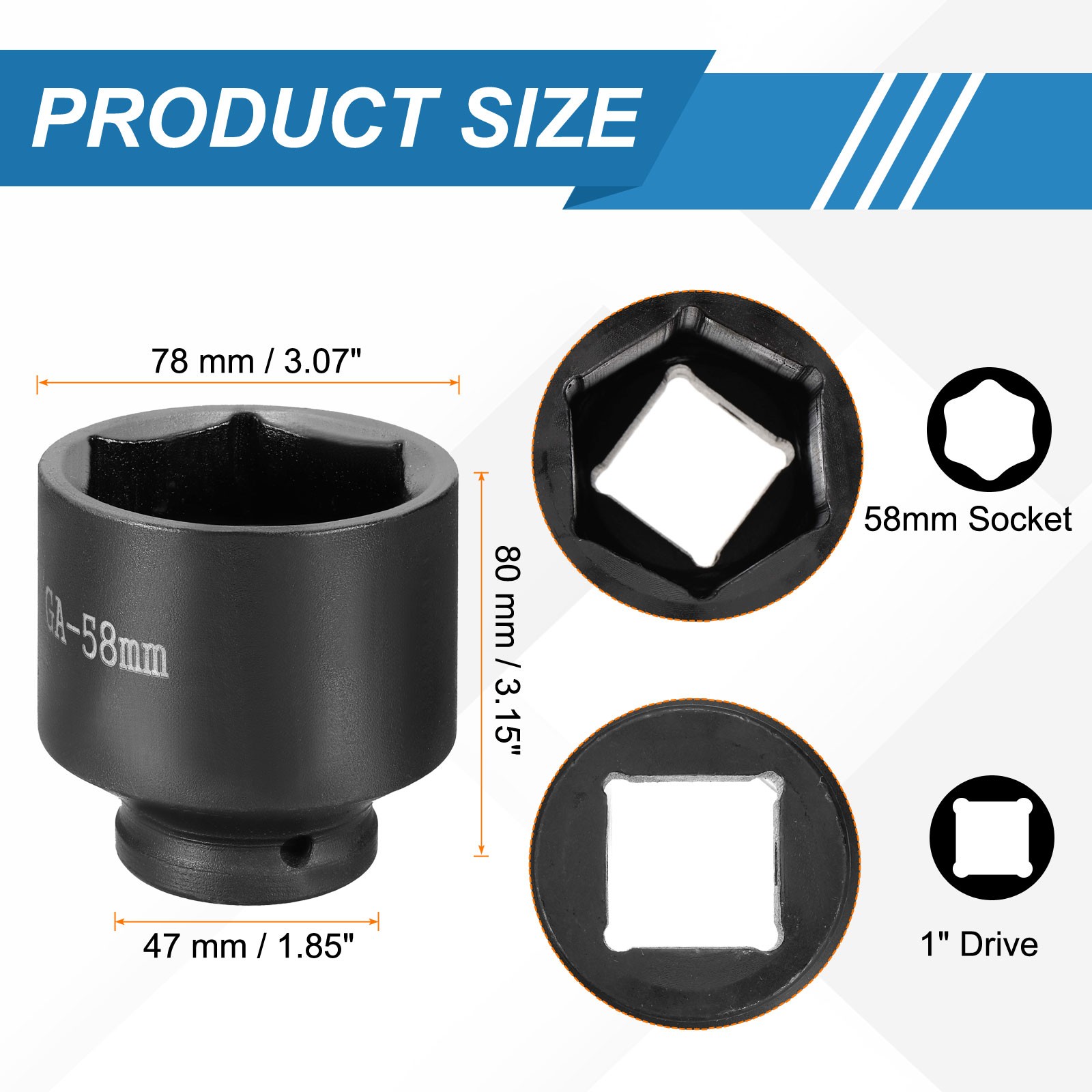 1 Inch Drive 58mm 6 Point Impact Socket Chromium Vanadium Steel