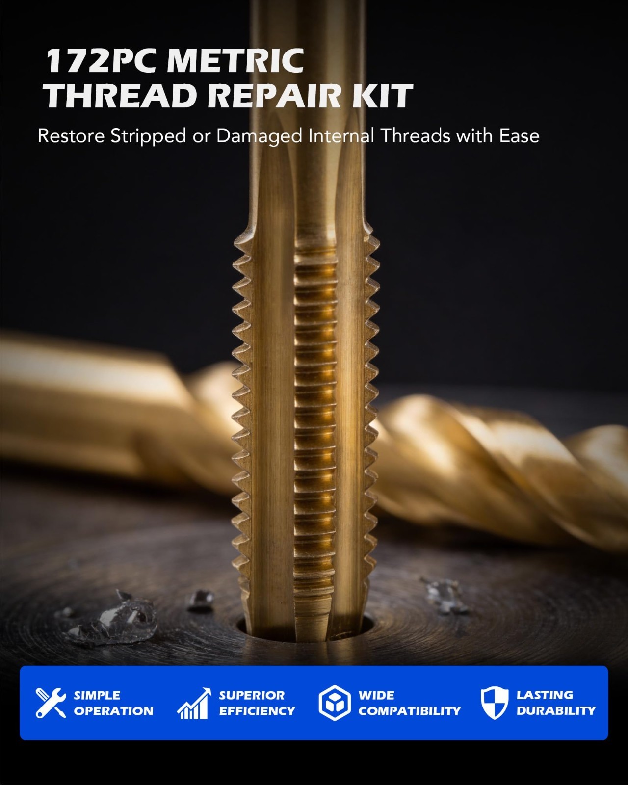 172pc Metric Thread Repair Kit – HSS Drill Bits, Taps, Inserts & Tools for Auto