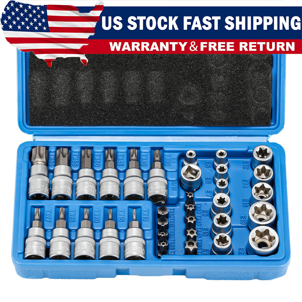 34pcs Torx Star Sockets & Bit Set for Male Female E-torx Security Bits 3/8 Drive
