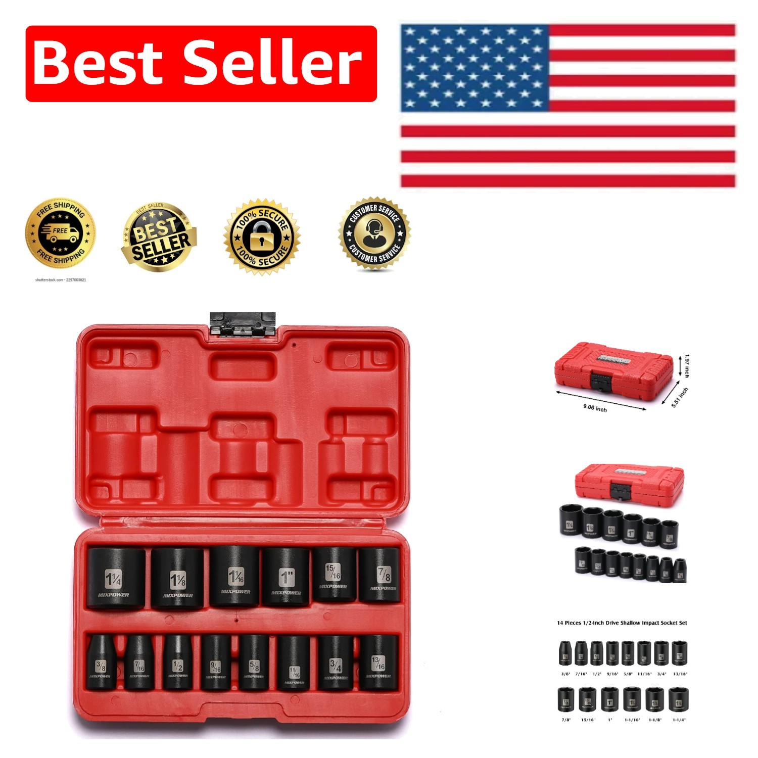 Versatile 14-Piece Chrome Vanadium Shallow Impact Socket Set for Automotives