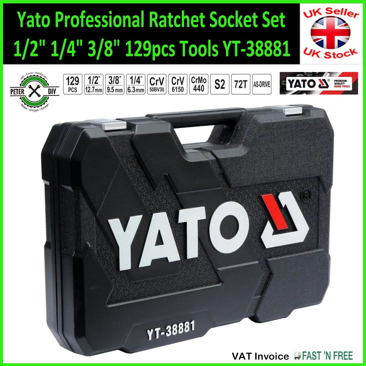 SOCKET SET RATCHET Yato Professional Tools 1/2″ 1/4″ 3/8″ 129pcs Tools YT-38881