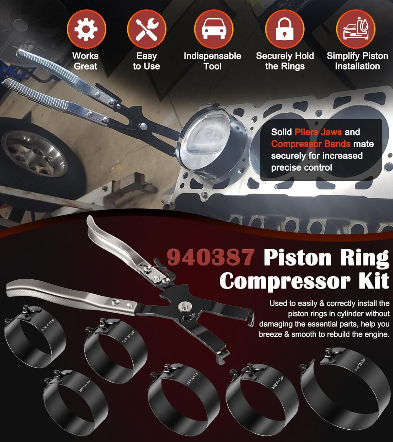 940387 Piston Ring Compressor Tool Set for Car Engine Vehicle Maintenance Clamps