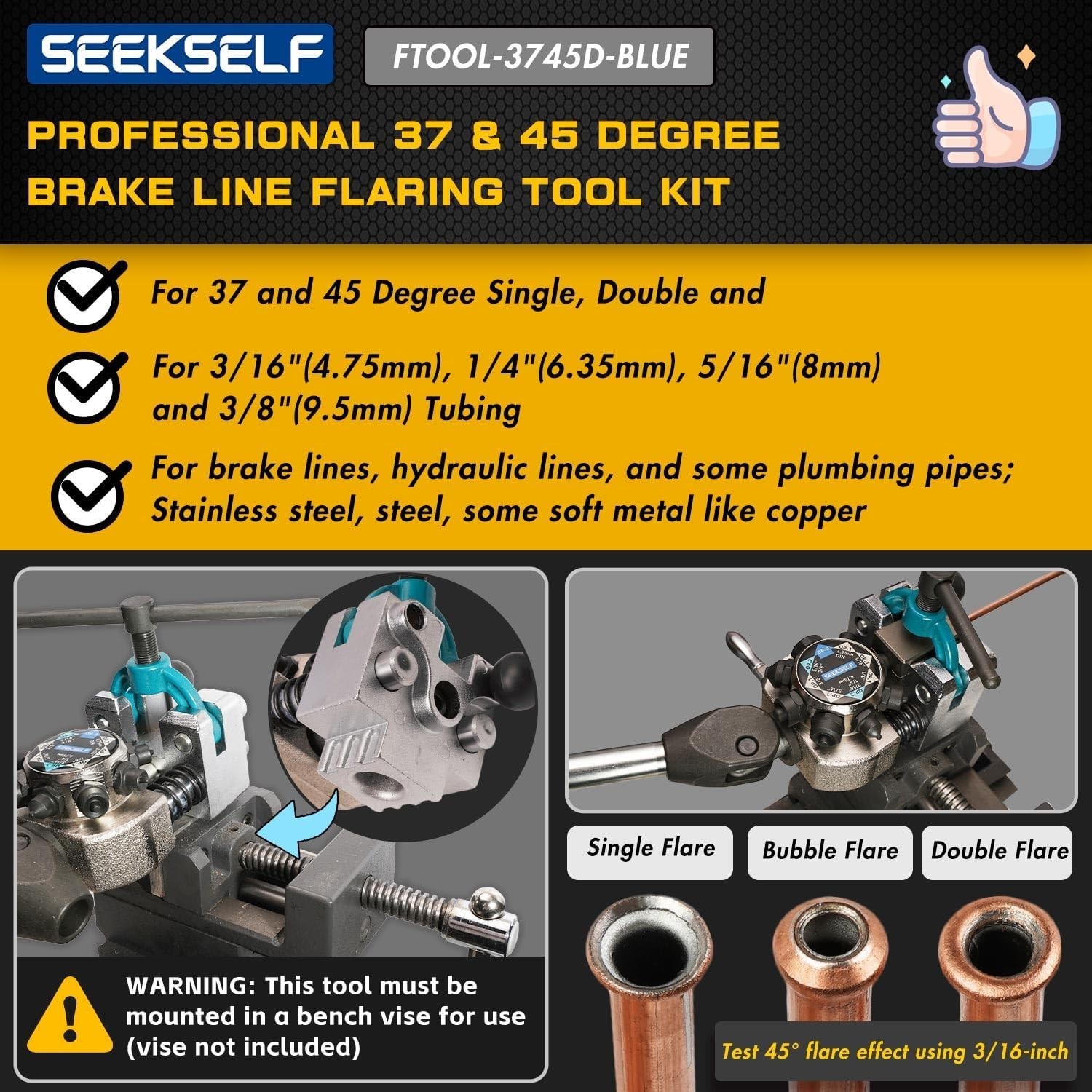 Professional Brake Line Flaring Tool Kit for 45 & 37 Degree Single, Double and B