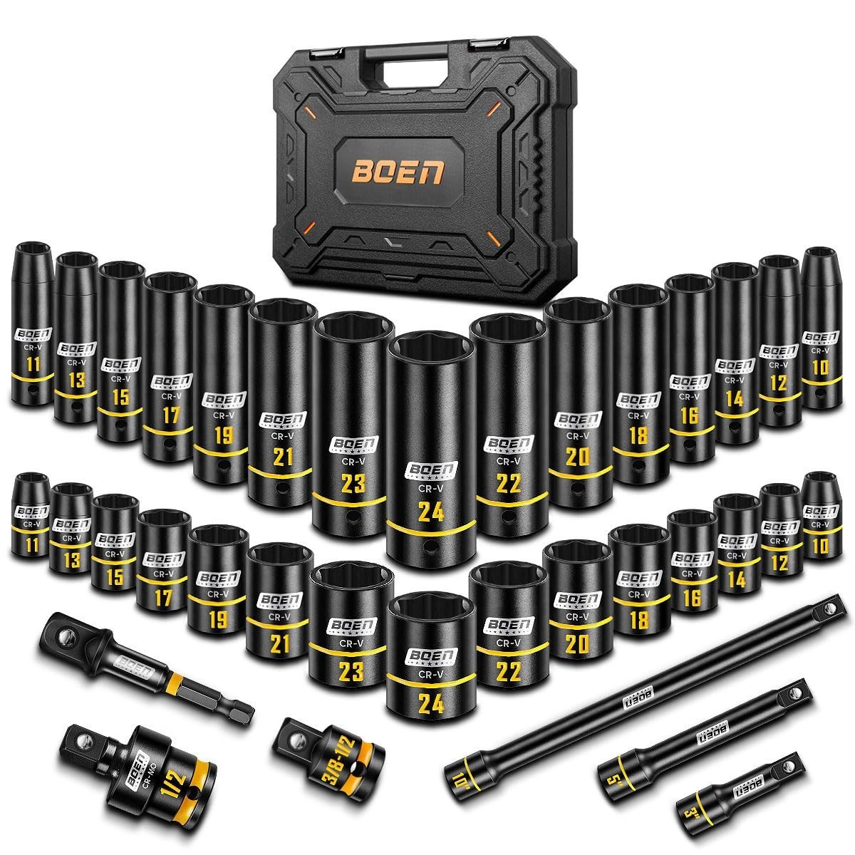 36PCS 1/2″ Drive Impact Socket Set – Metric Deep & Shallow Sockets, 6 Point, Ext