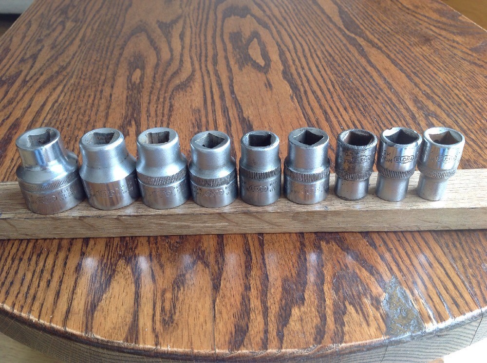 9 Elora Chrome Sockets 1-1/8″ To 7/16″ AF With 1/2″ Drive. C.