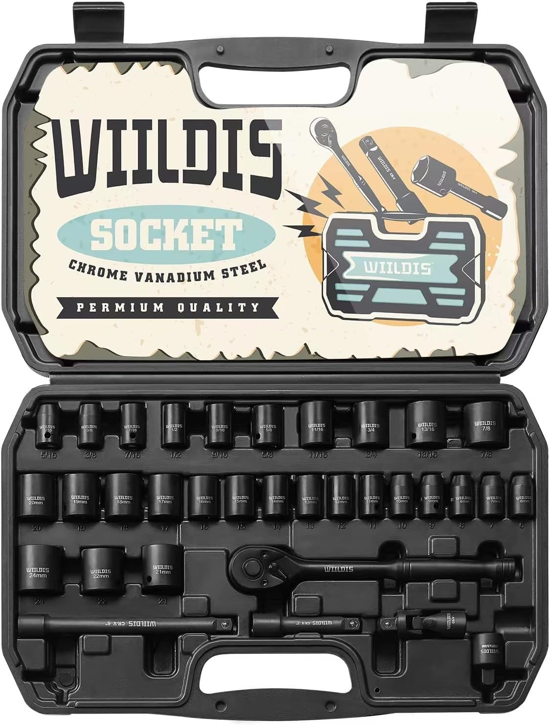 Ultra-Durable CR-V Impact Socket Set: 33 Pieces, SAE/Metric – Mechanics’ Choice