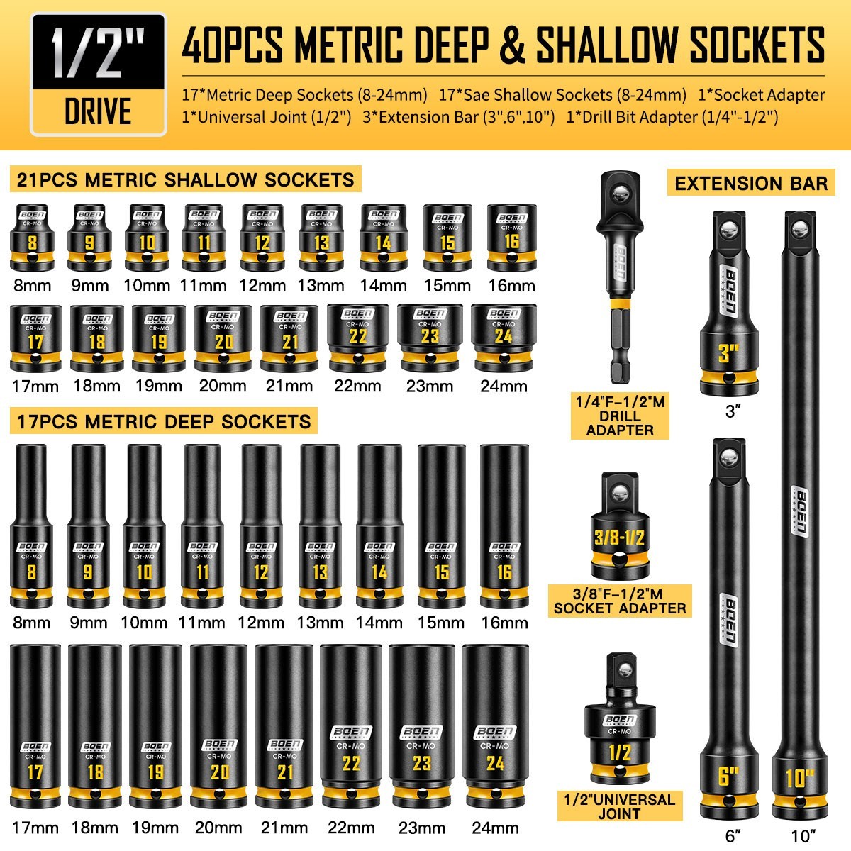 40 PCS 1/2″ Drive Impact Socket Set, Metric (8-24mm) Deep & Shallow Socket set