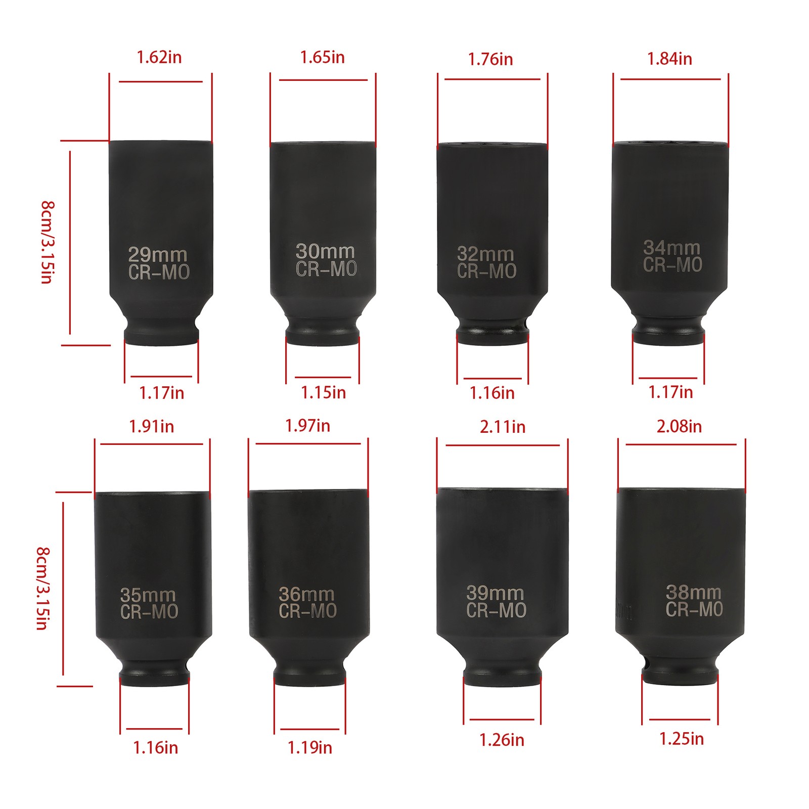 LABLT 8pcs 1/2″ Drive Deep Spindle Axle Nut Impact Socket Set 12 Point 29-39mm