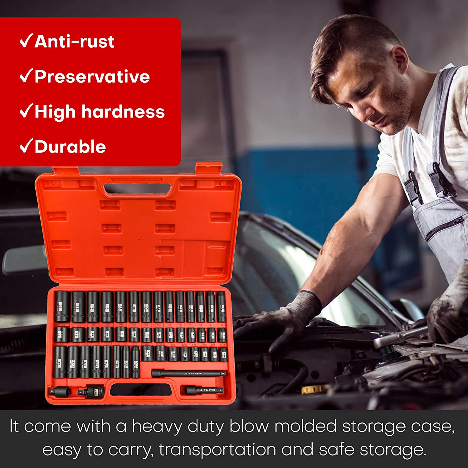 48Pcs 3/8” Drive Impact Socket Set With Case,Standard SAE & Metric,6-Point,CR-V