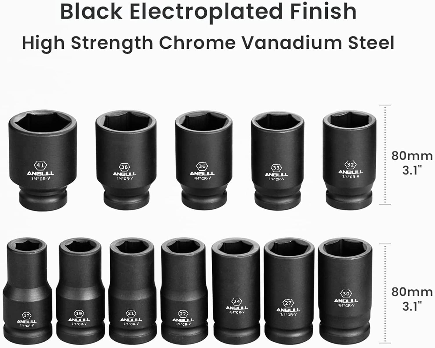 Anbull 3/4 Inch Drive Deep Impact Socket Set, 12 Piece Metric One Size, Black