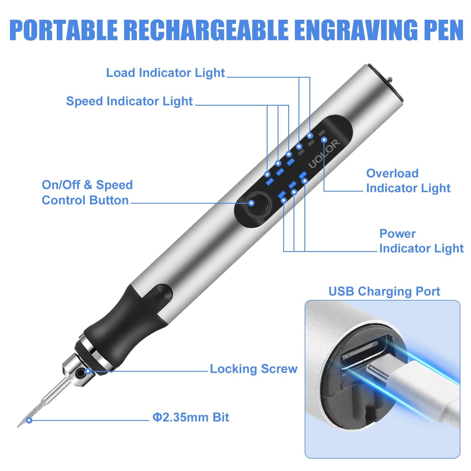 Uolor Electric Engraving Cordless USB Rechargeable Tool Kit, Silver